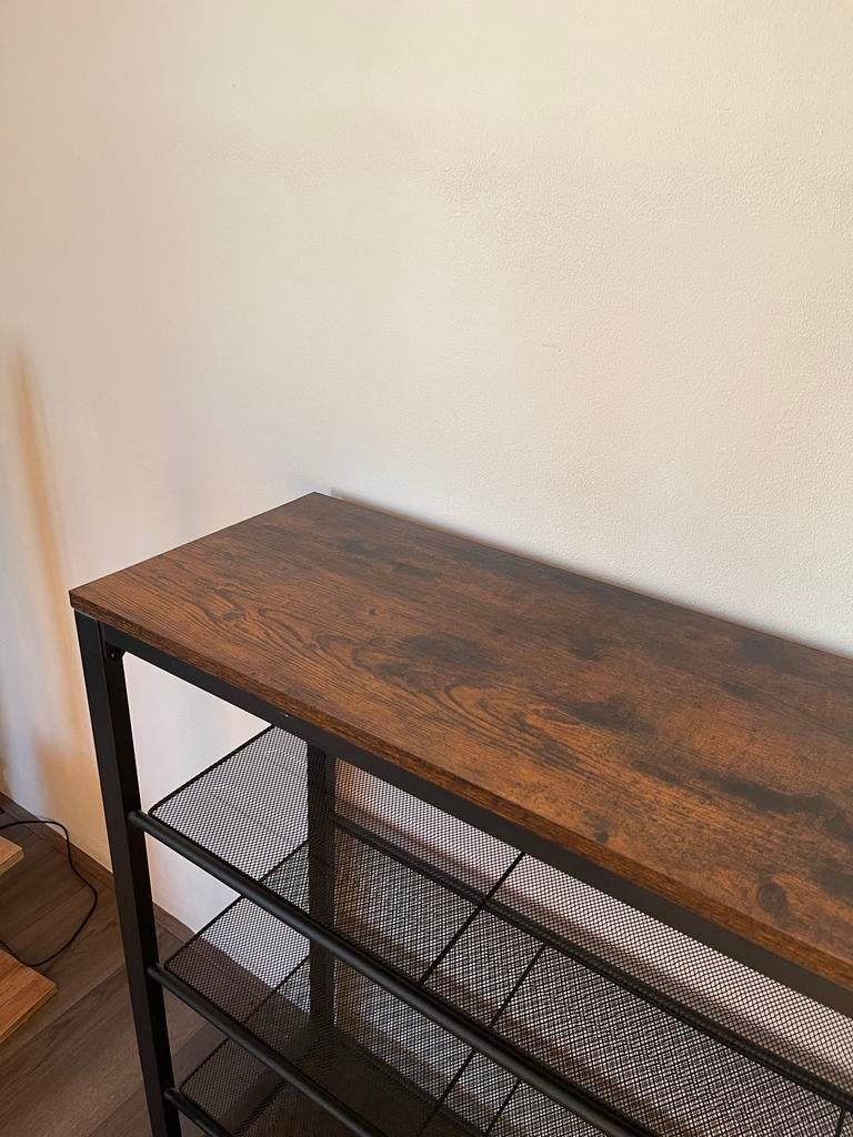 Groot schoenenrek met walnoothout en metalen frame, Ophalen, Zo goed als nieuw