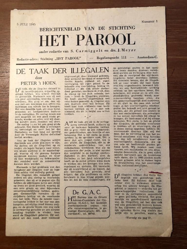 5 juli 1945 Berichtenblad van de Stichting HET PAROOL nr,, Verzenden, Overige onderwerpen, Tweede Wereldoorlog, Gelezen