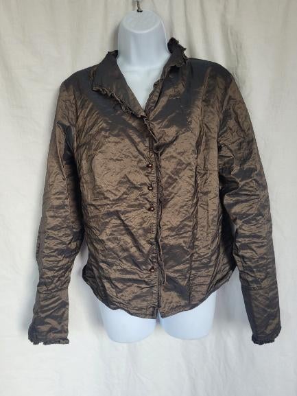 Gave ouderwetse glanzende blouse met roesjes mt 44, Carnaval, ., Maat 42/44 (L), Ophalen of Verzenden