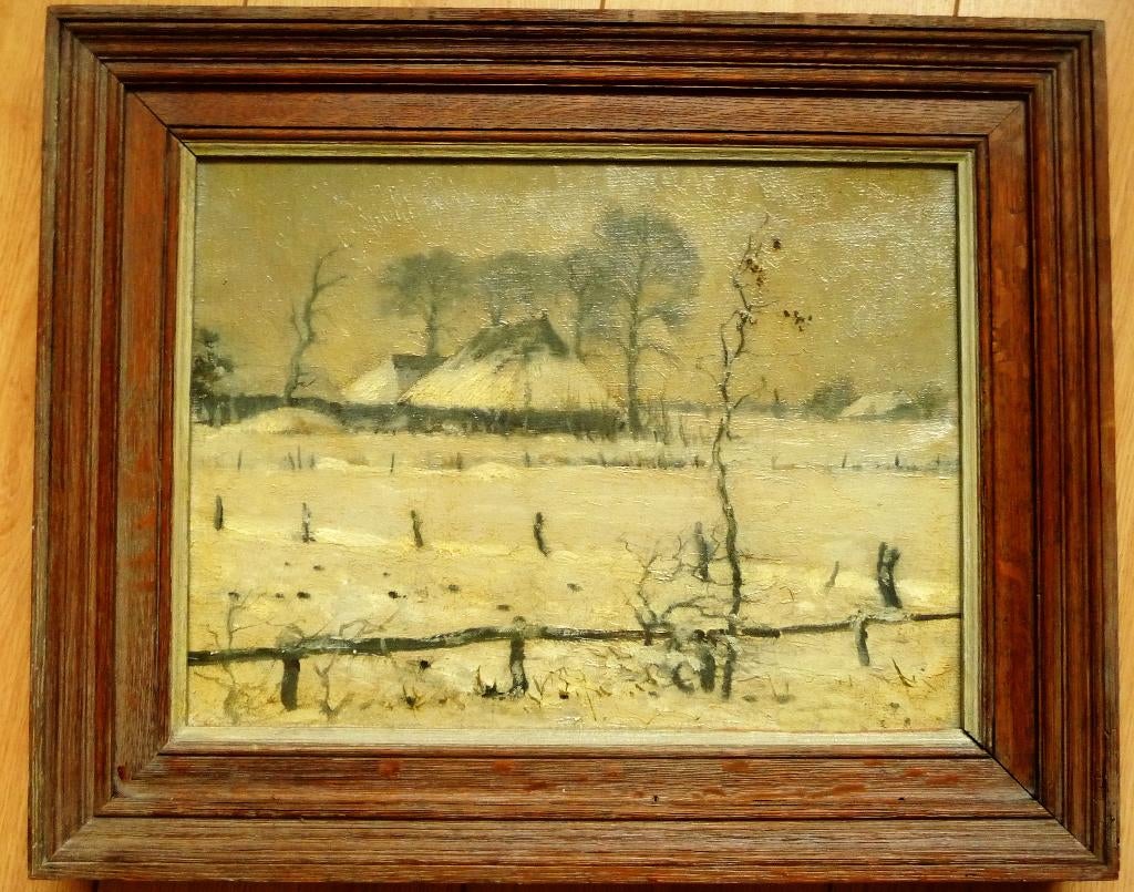 Mooi schilderij van Riekele Prins: Boerderijen bij Emmen, Antiek en Kunst, Ophalen of Verzenden