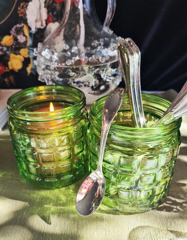 2 glazen retro groene blok potten, sfeerlicht, bestek, bloem, Verzamelen, Retro, Ophalen of Verzenden, Huis en Inrichting