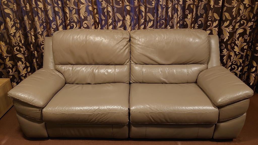 Bankstel 3-zits leer taupe elektrisch/relax, Ophalen, Gebruikt, Driepersoons, Rechte bank