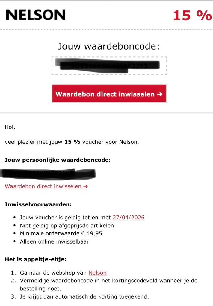 Nelson 15% korting, Eén persoon, Kortingsbon