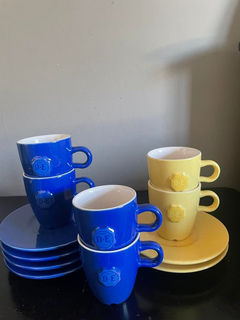 6 kobaltblauw+ gele Douwe Egberts Senseo kop en schotels, Ophalen of Verzenden, Zo goed als nieuw, Overige stijlen, Kop(pen) en/of Schotel(s)