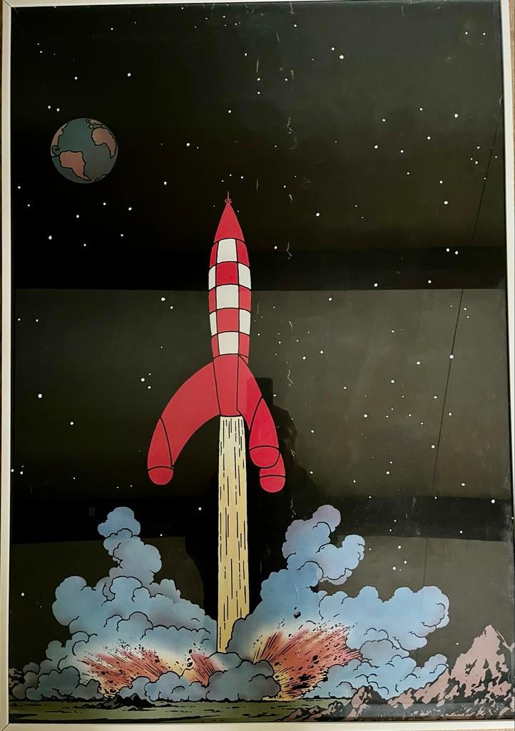 Poster Kuifje / Tintin naar de maan, Met lijst, Deurposter of groter, Ophalen of Verzenden, Film en Tv