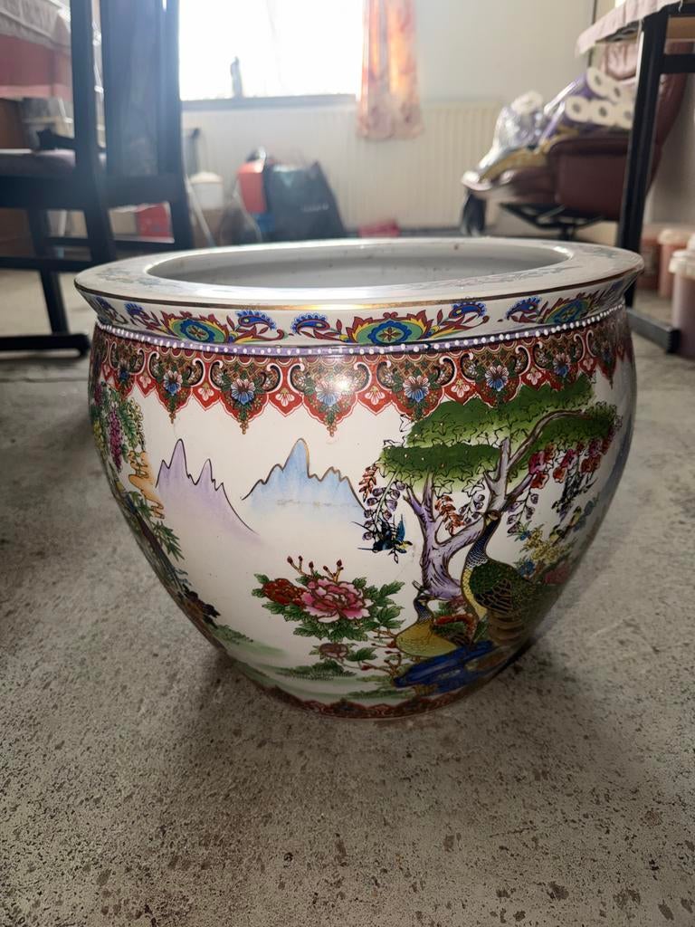 Grote Chinese vissenkom met pauw en bloemen, Ophalen of Verzenden