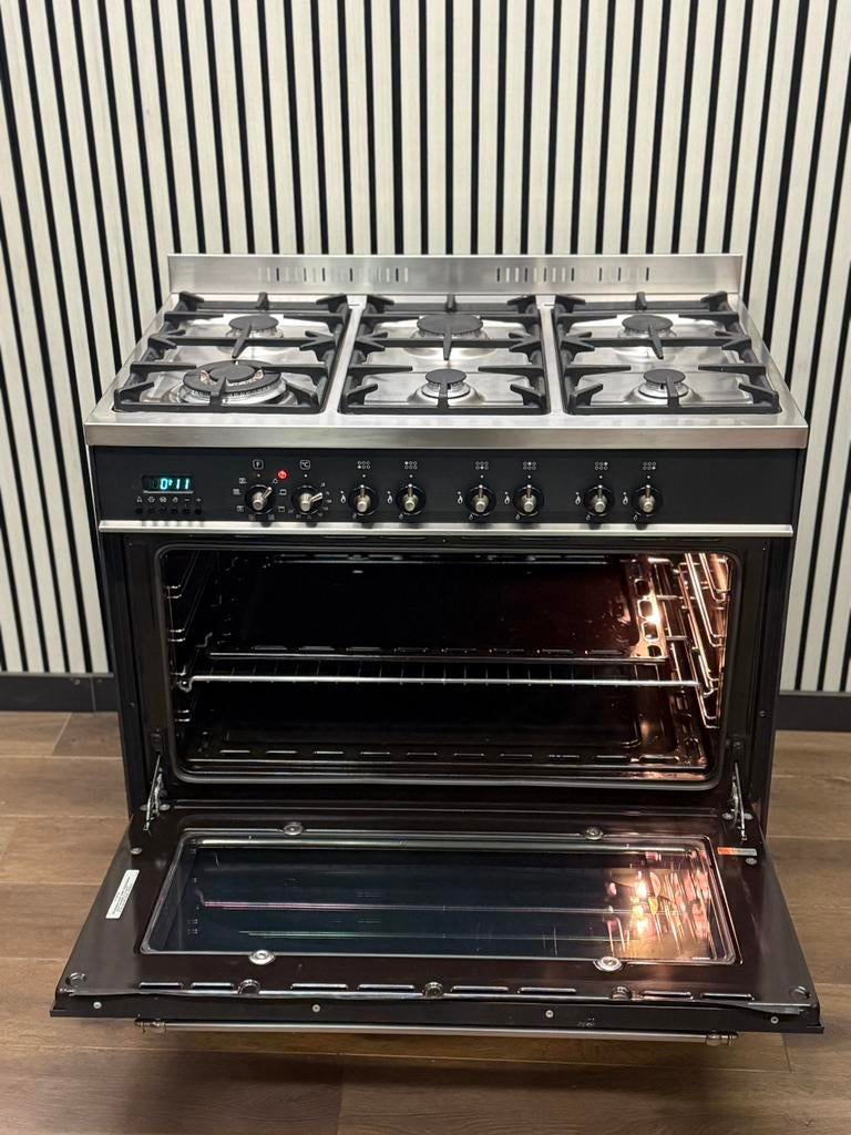 Luxe M-System Fornuis antraciet 6 pits multi oven 90 cm, Fornello Esperta, Ophalen of Verzenden, Zo goed als nieuw, Energieklasse A of zuiniger