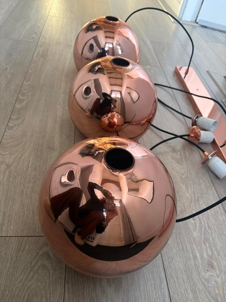 Retro hanglamp met 3 roodkoperen glazen bollen, Huis en Inrichting, Lampen | Tafellampen, Nieuw, Ophalen of Verzenden, Glas, Minder dan 50 cm