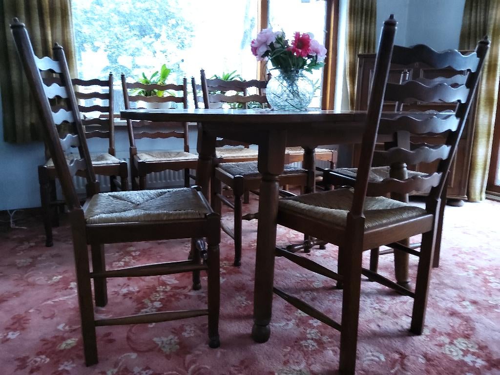 Eiken eettafel met 8 stoelen, Huis en Inrichting, Tafels | Eettafels, Gebruikt, 100 tot 150 cm, 100 tot 150 cm, Vijf personen of meer