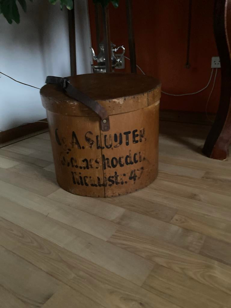 Vintage Houten Hoedendoos met Inscriptie, Ophalen of Verzenden