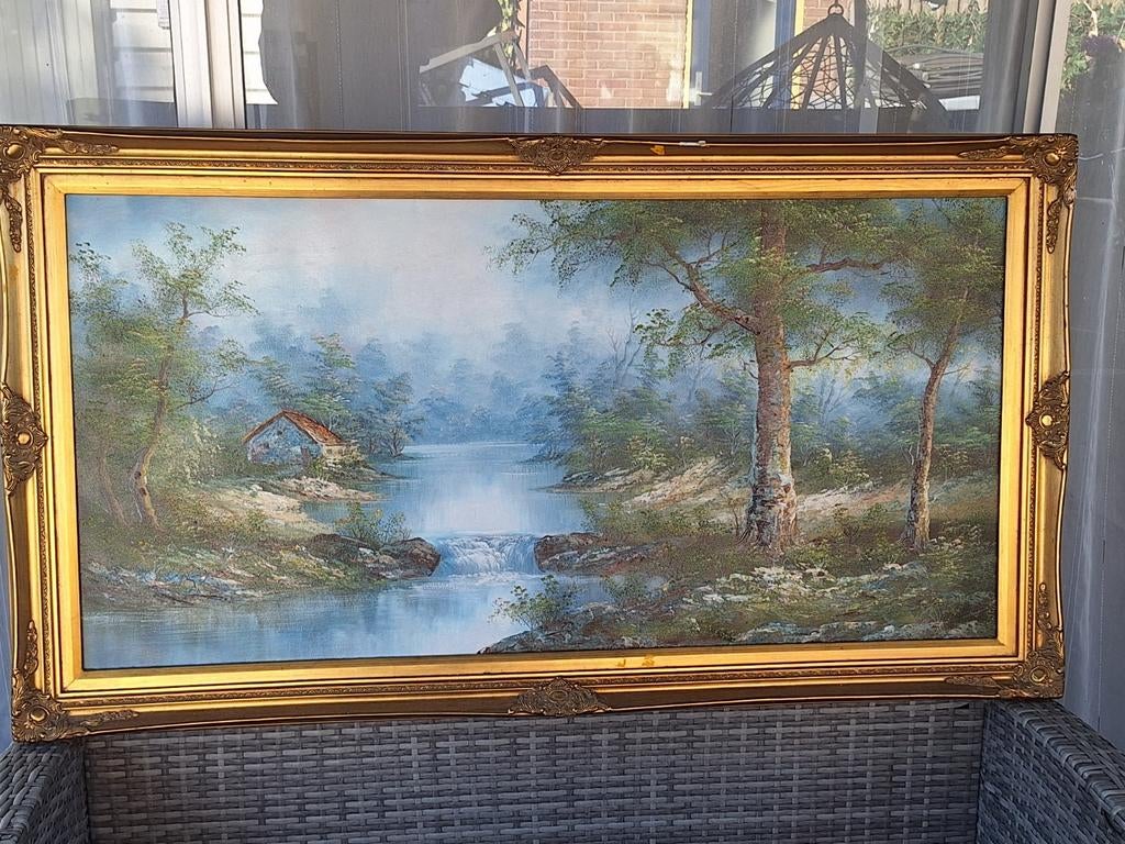 Groot Schilderij: Romantisch Landschap met Waterval, Ophalen of Verzenden