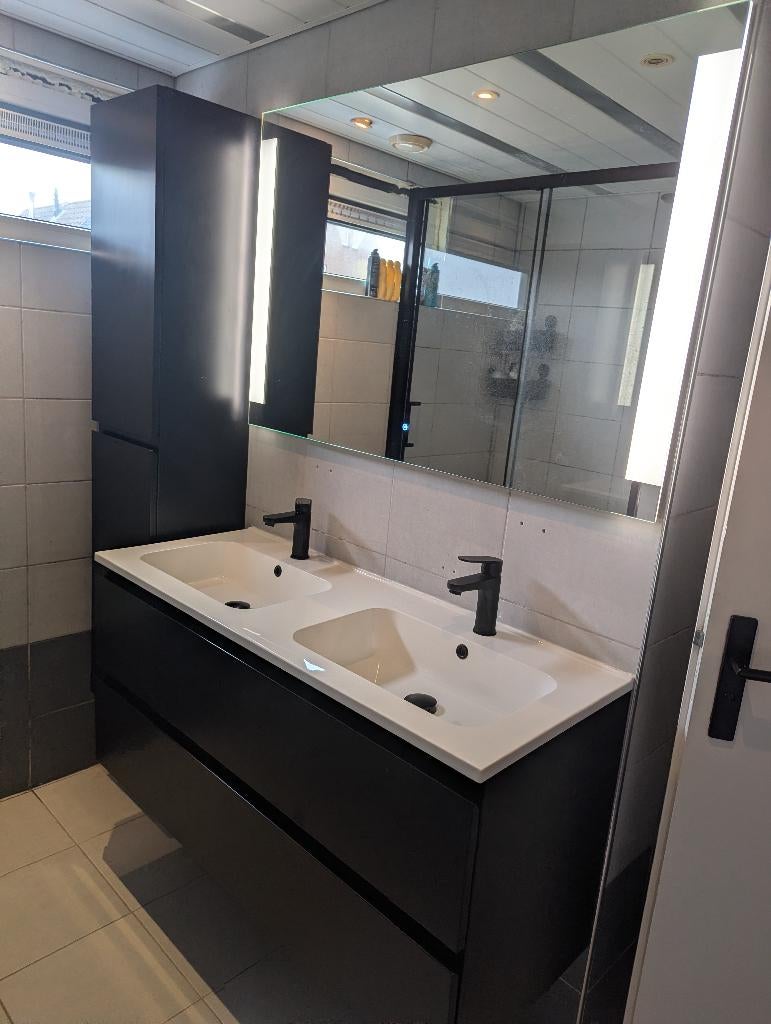 Badkamermeubel 120 cm dubbele wastafel + spiegel + kolomkast, Ophalen, Gebruikt, 100 tot 150 cm, Minder dan 100 cm