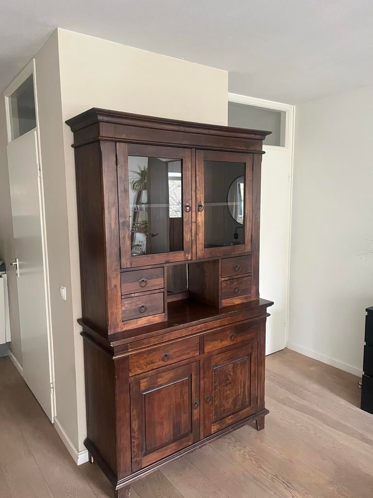 Eiken vitrinekast met glazen deuren, Ophalen, Gebruikt, 150 tot 200 cm, 25 tot 50 cm