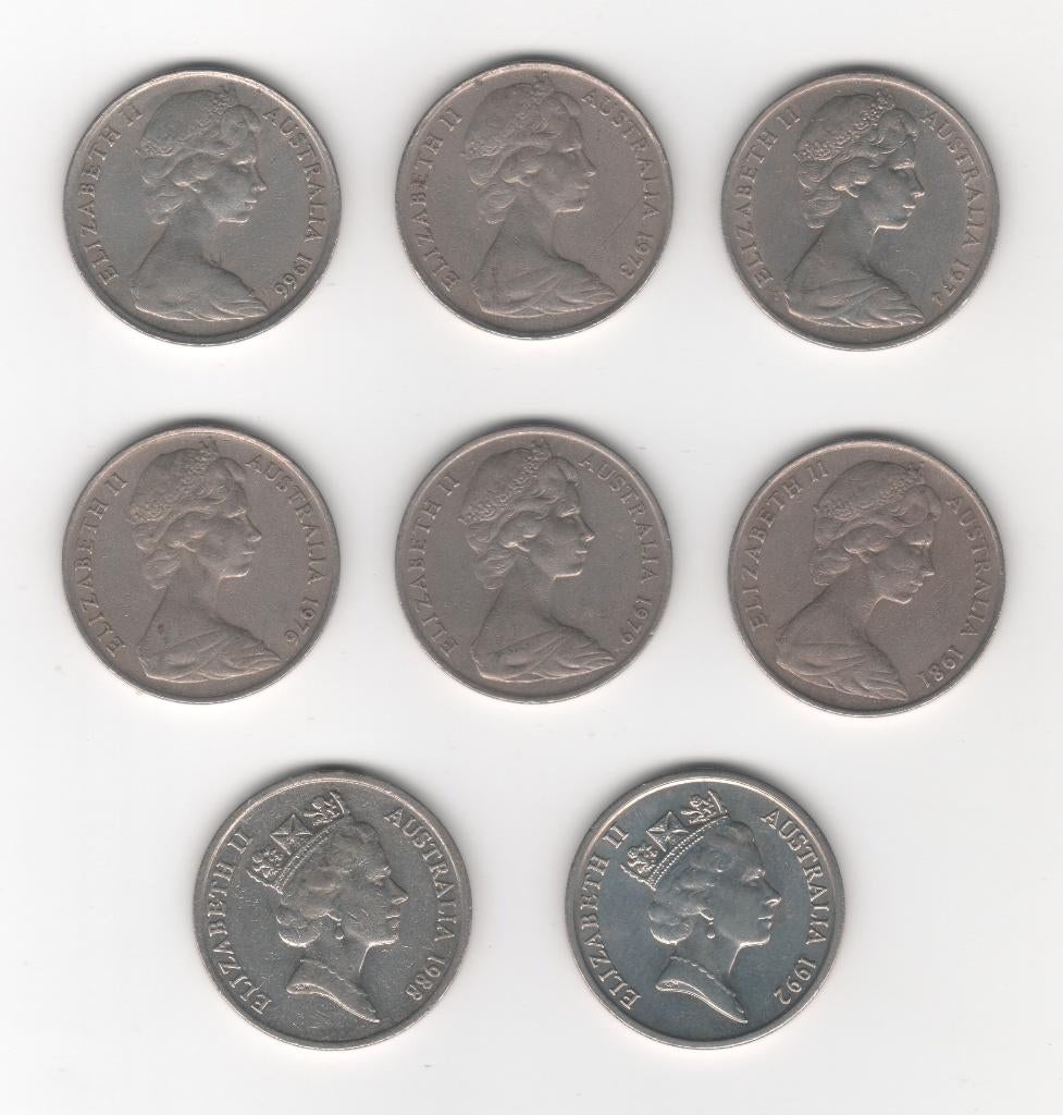8x 10 cent Australië 1966-1992 (M294), Ophalen of Verzenden