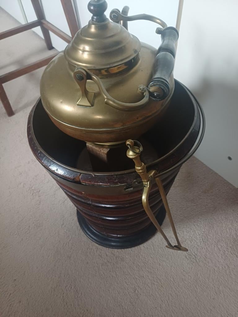 Antieke Houten Theestoof met Koperen Ketel en kolentang, Antiek en Kunst, Ophalen of Verzenden