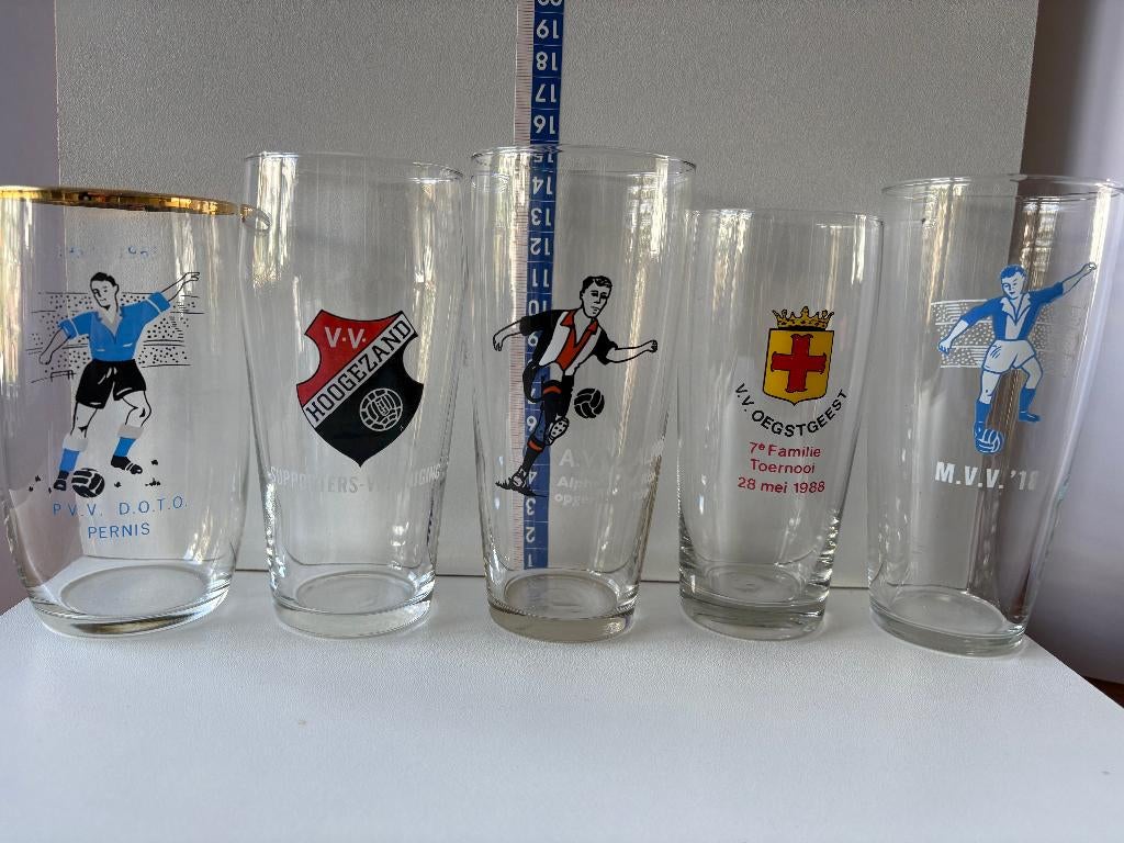 5 voetbalglazen van DOTO, Hoogezand, Oegstgeest en MVV '18, Ophalen of Verzenden, Zo goed als nieuw, Overige binnenlandse clubs