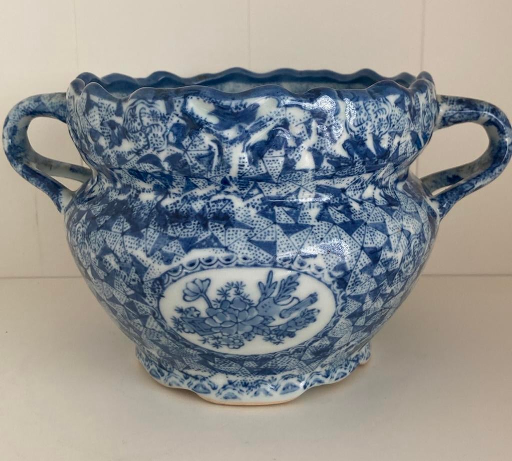 Vintage - Amfora Cachepot blauw wit - bloempot, Antiek en Kunst, Ophalen of Verzenden