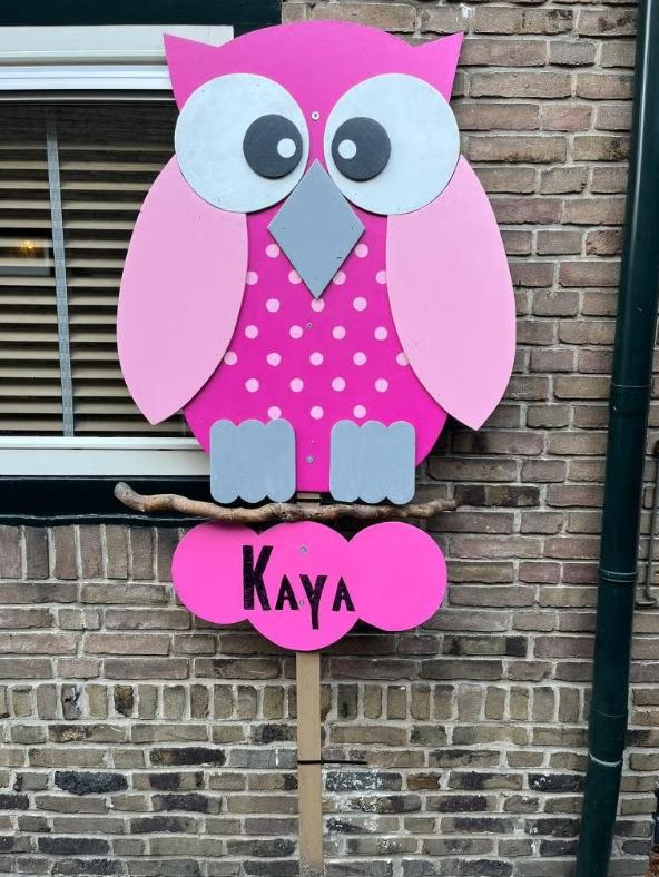 Geboortebord meisje roze uil, Kinderen en Baby's, Kraamcadeaus en Geboorteborden, Ophalen, Zo goed als nieuw, Geboortebord