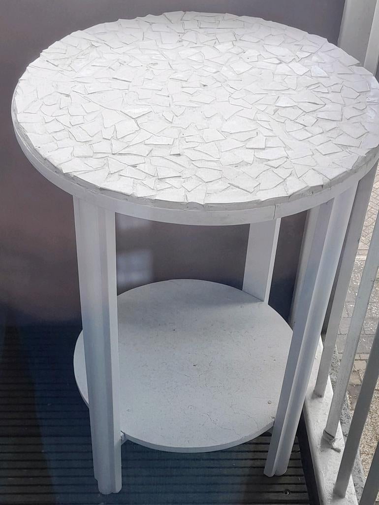 Rond bijzettafeltje met mozaïek blad, Minder dan 55 cm, Gebruikt, Rond, Hout