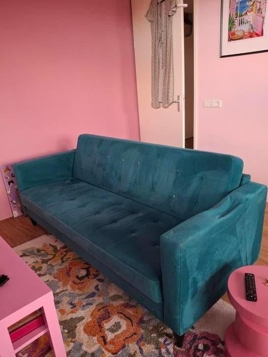 Blauw fluwelen 3-zitsbank met zwarte pootjes, Ophalen, Gebruikt, Driepersoons, 75 tot 100 cm