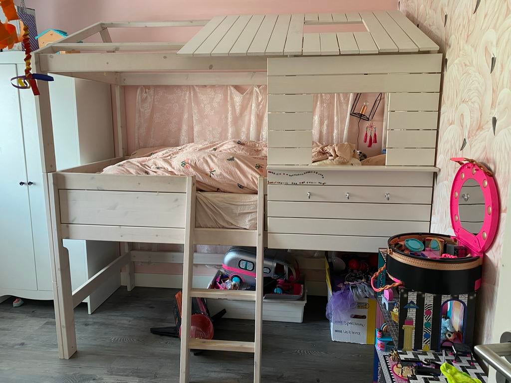 Stevige halfhoogslaper met huisje en gordijn, Ophalen, Gebruikt, Halfhoogslaper