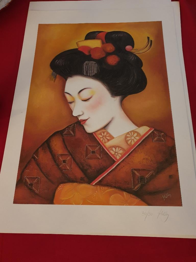 litho Geisha van Hilly 49 cm x 69 cm, Ophalen of Verzenden