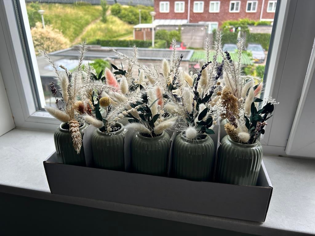 15 Vaasjes met droogbloemen - Bruiloft decoratie, Ophalen, Overige materialen, Overige kleuren, Zo goed als nieuw