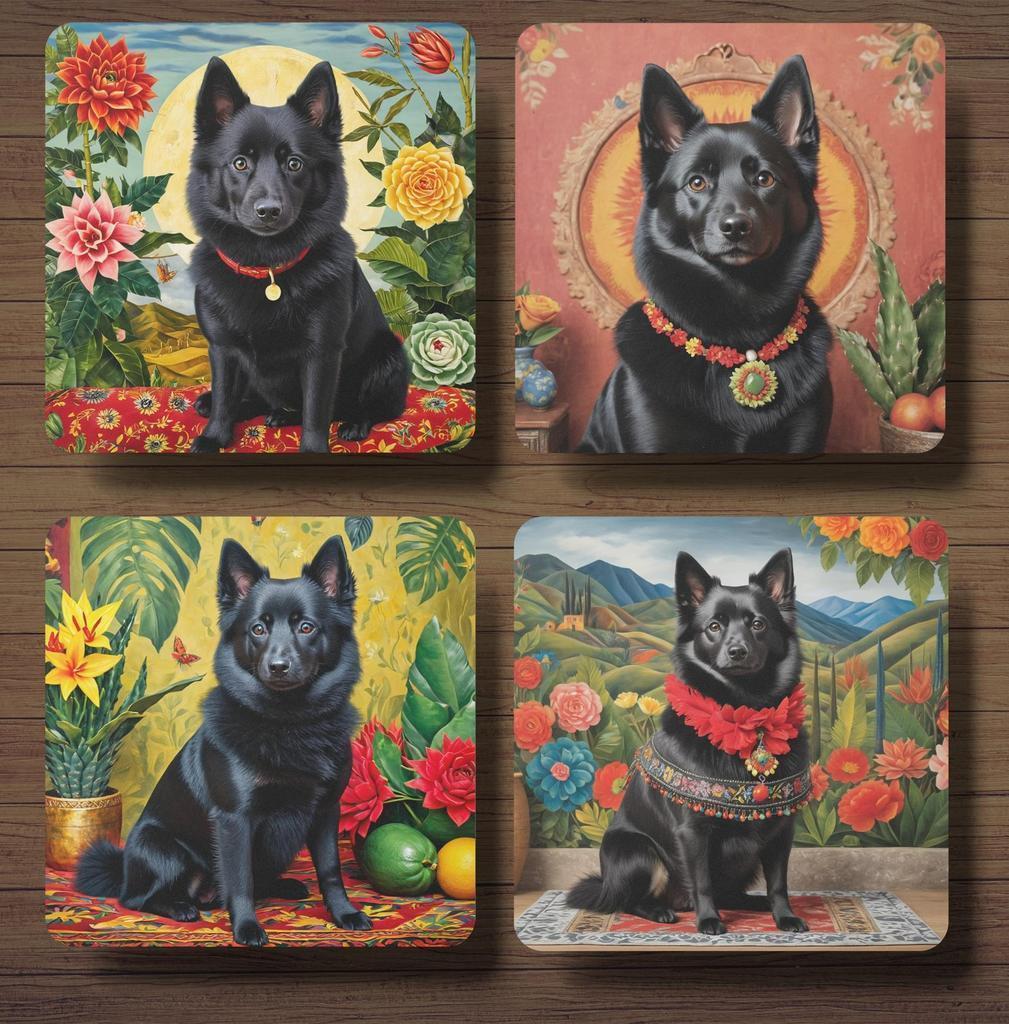 Schipperke Frida Kahlo onderzetters met houder, Huis en Inrichting, Ophalen of Verzenden, Nieuw, Glas of Kopje