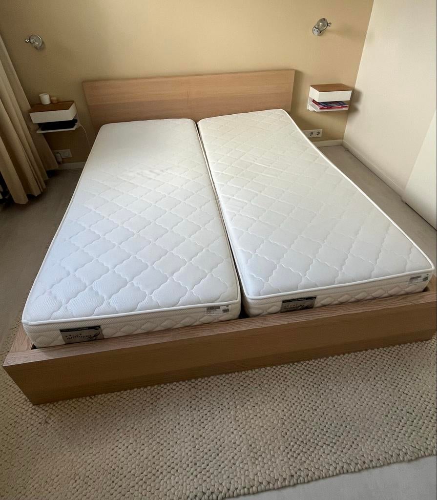 Stevig beuken tweepersoonsbed met Auping spiralen en matras, Ophalen, Tweepersoons, 180 cm, Hout