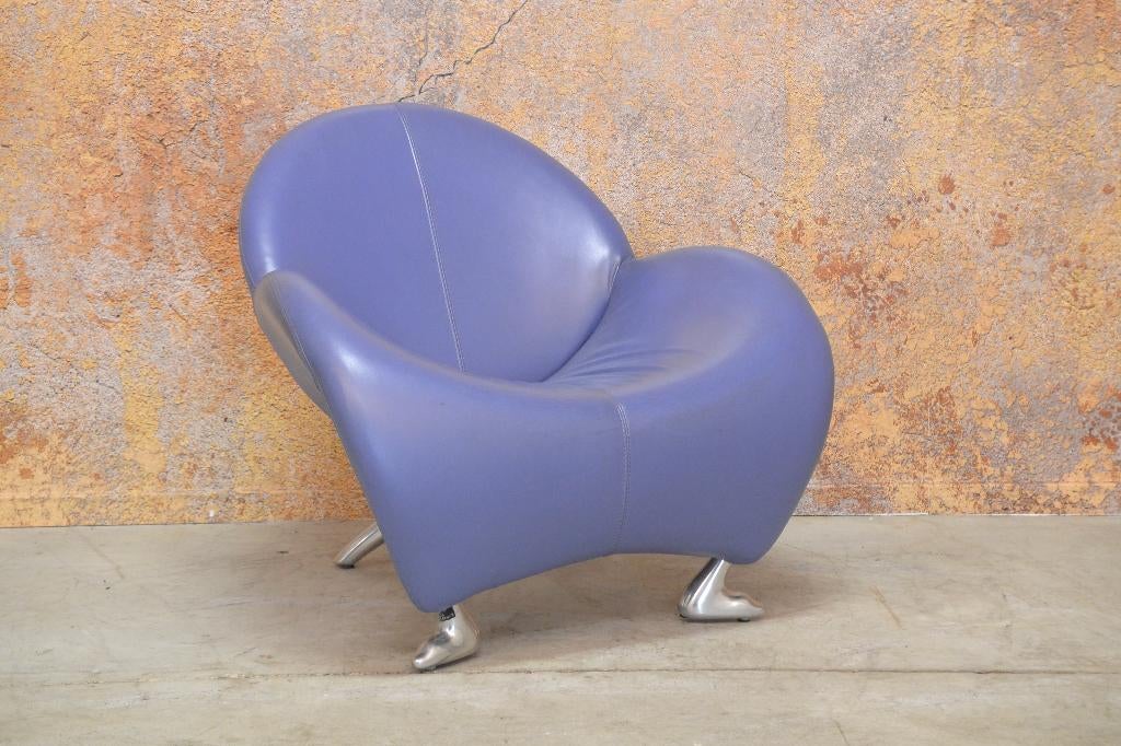 ZGANieuw blauw/paarse leren Leolux Papageno design fauteuil, Leolux, Leolux, 75 tot 100 cm, Ophalen of Verzenden