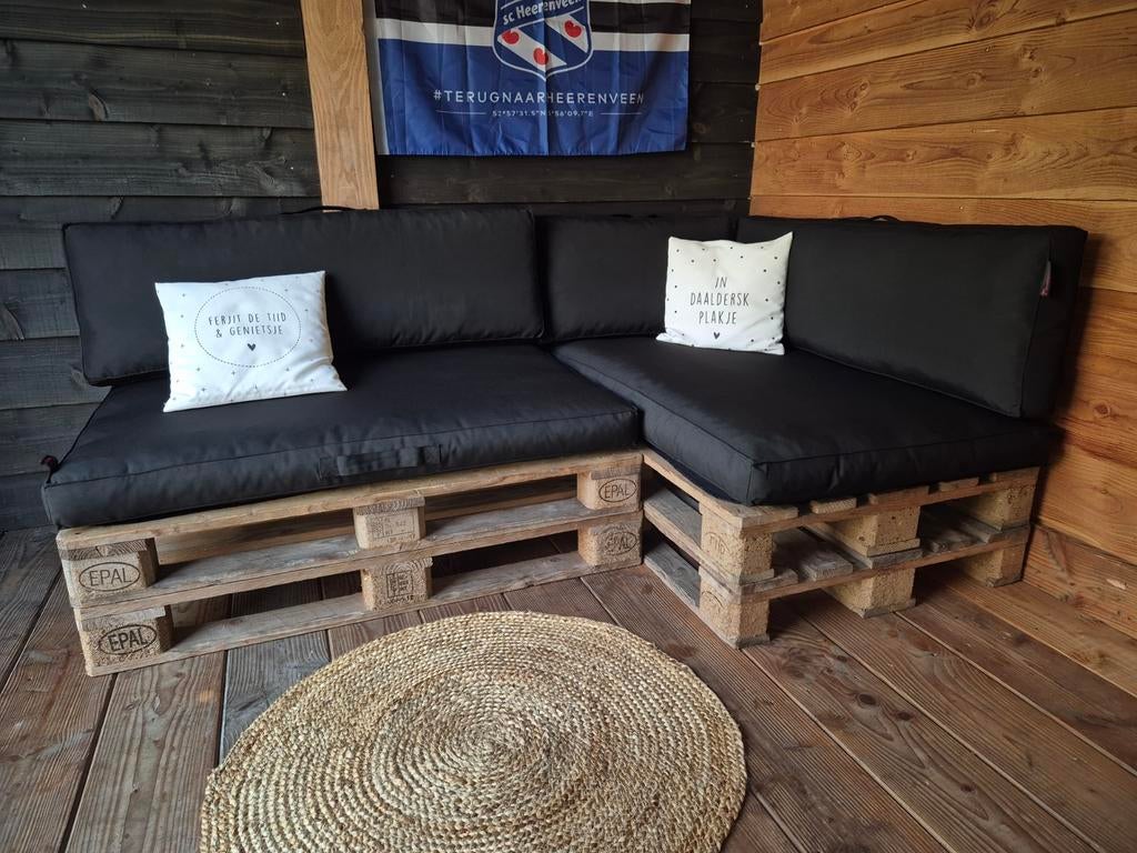 Palletbank met weerbestendige kussenset, Ophalen of Verzenden, Hout, Bank