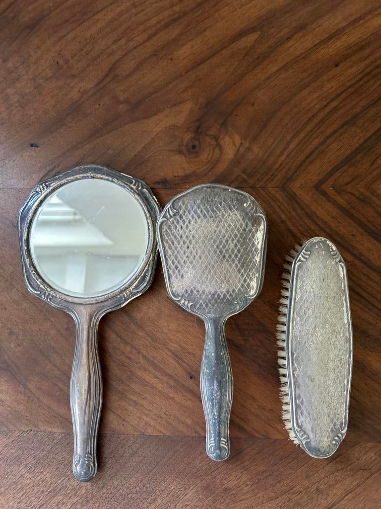 Vintage verzilverde spiegel en borstel set, Antiek en Kunst, Ophalen of Verzenden