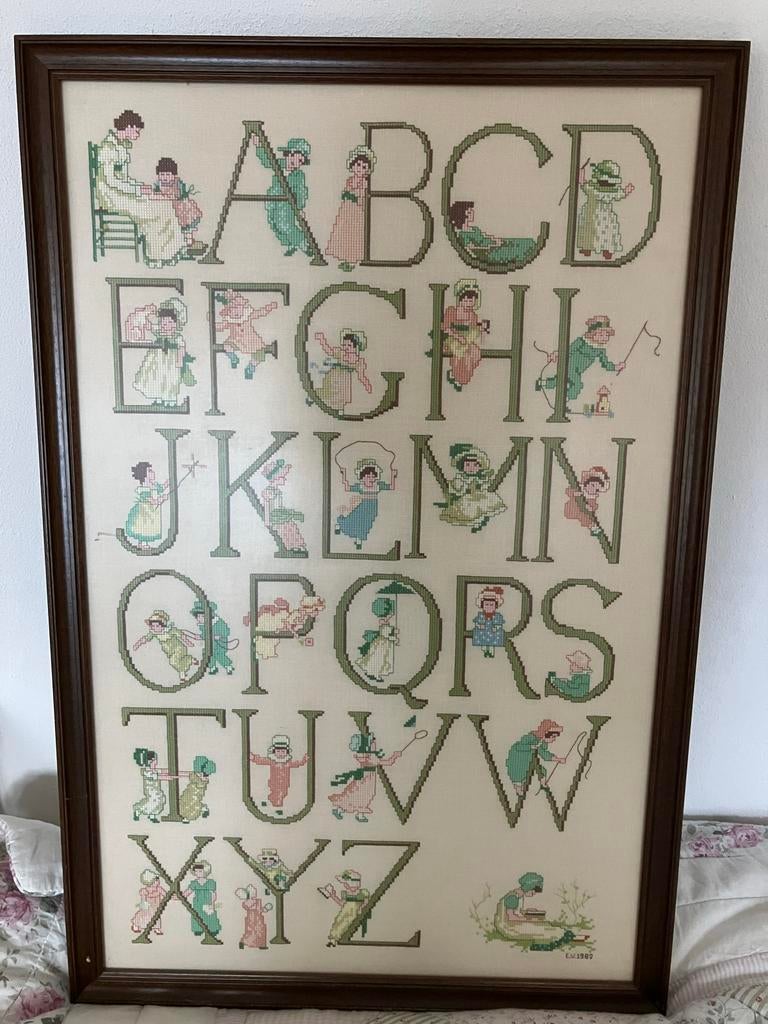 Ingelijste ABC Merklap - Handgeborduurd Alfabet, Ophalen, Gebruikt, Handborduren, Overige typen