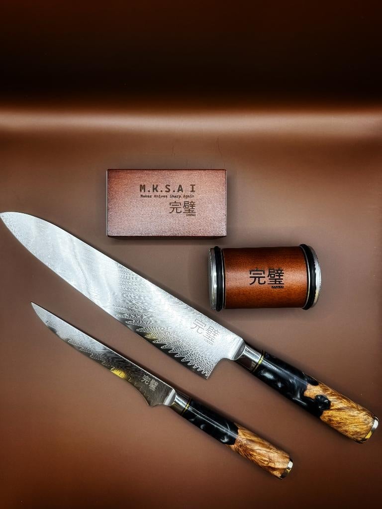 Damascus messenset van Kanpeki met rollende messenslijper, Ophalen of Verzenden, Nieuw, Rvs of Chroom, Bestekset