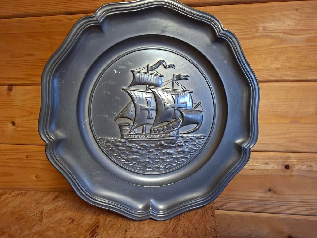 Mooi groot tinnen bord ,wandbord oud zeilschip, Antiek en Kunst, Antiek | Tin, Ophalen of Verzenden