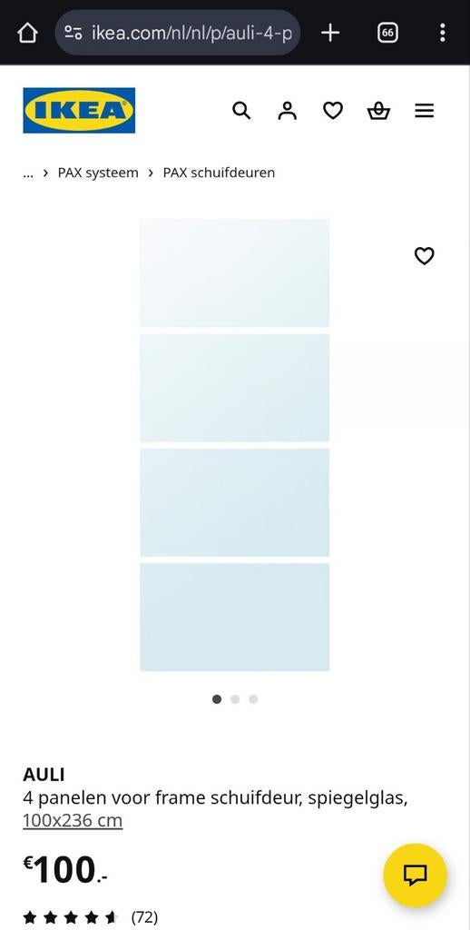 IKEA AULI spiegelglas paneel voor schuifdeur 100x236 cm, Ophalen, 200 cm of meer, Nieuw, 50 tot 100 cm