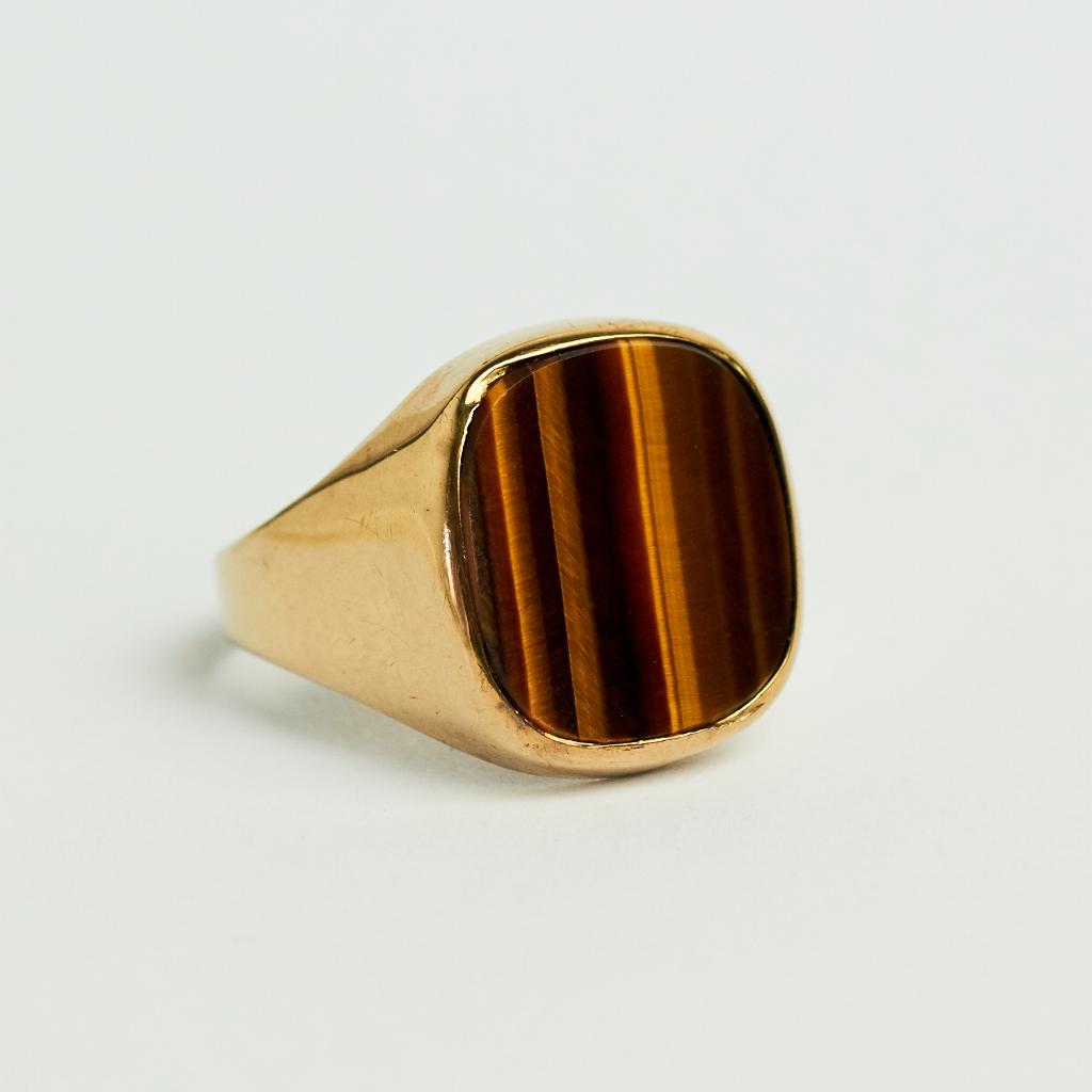 Vintage jaren 70 gouden zegelring tijgeroog ring goud, Sieraden, Tassen en Uiterlijk, Ringen, 18 tot 19, Ophalen of Verzenden