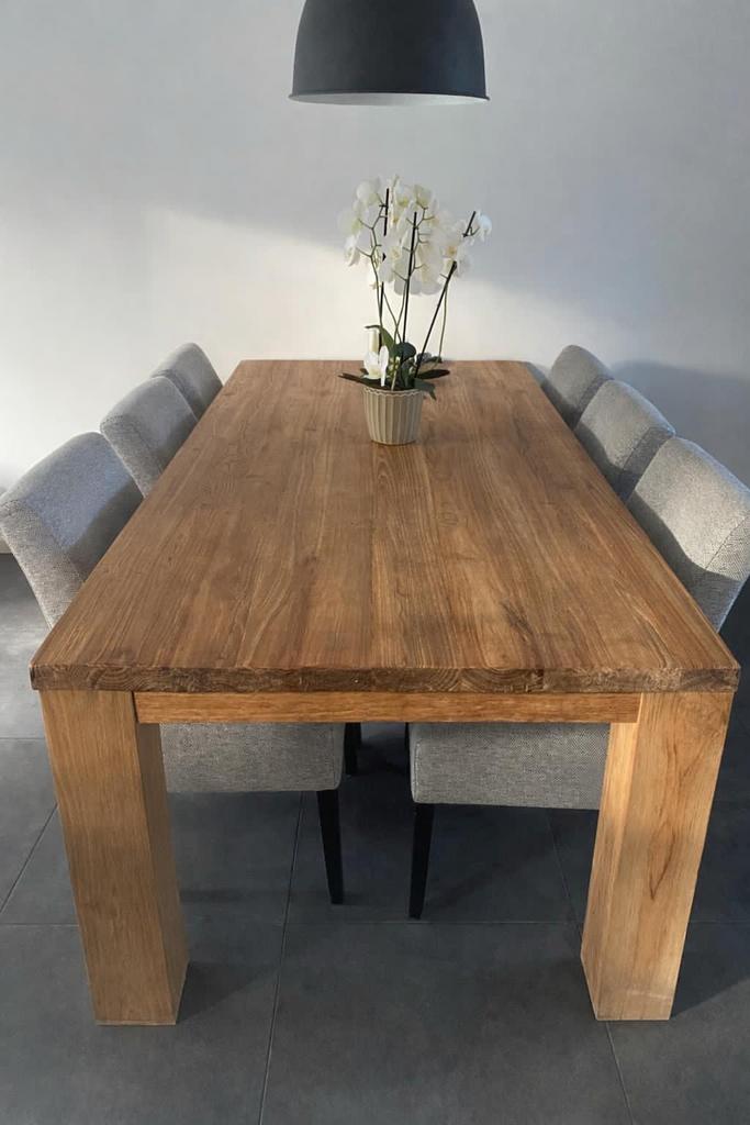 Teakhouten eettafel met stoelen, Ophalen, Gebruikt, Teakhout, 200 cm of meer