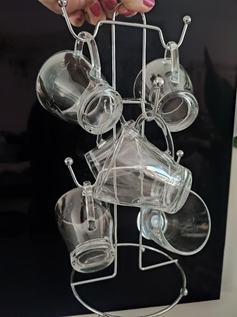 Senseo 6 Glazen koffie kopjes + RVS rekje houder standaard, Glas of Glazen, Ophalen of Verzenden, Overige stijlen, Glas