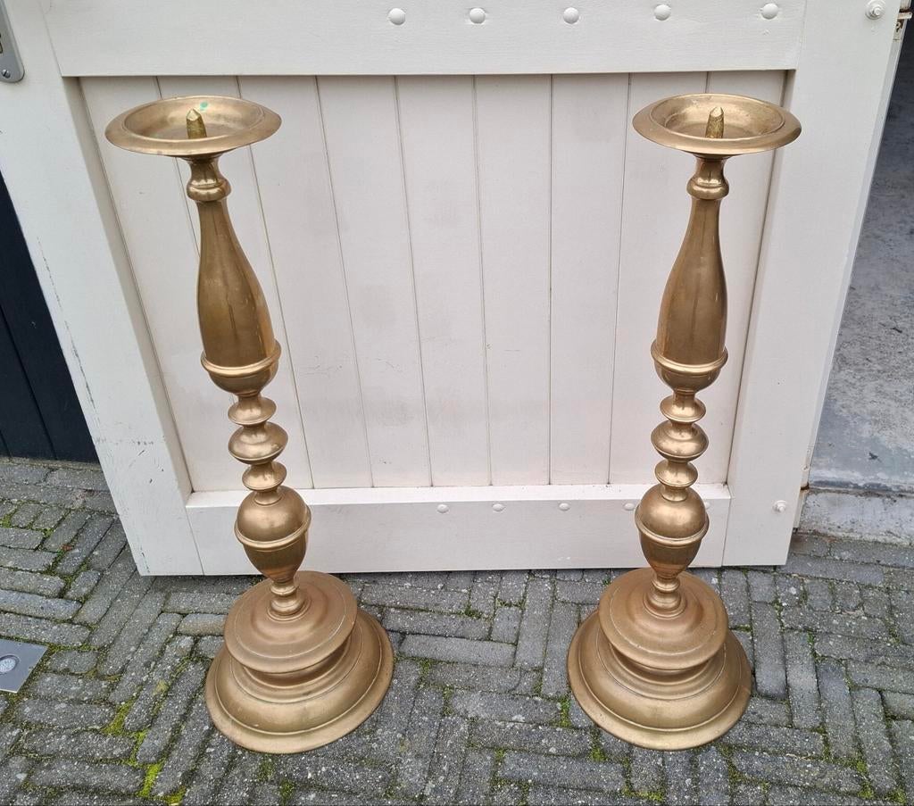 19de eeuws messing kerk kandelaar stel 95cm, Antiek en Kunst, Antiek | Kandelaars, Ophalen, Koper of Brons