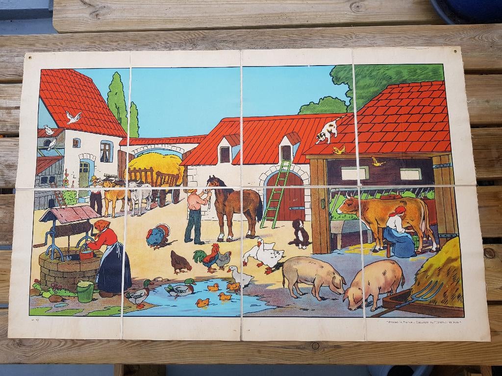 De boerderij oude schoolplaat uit Frankrijk litho op canvas., Antiek en Kunst, Ophalen of Verzenden
