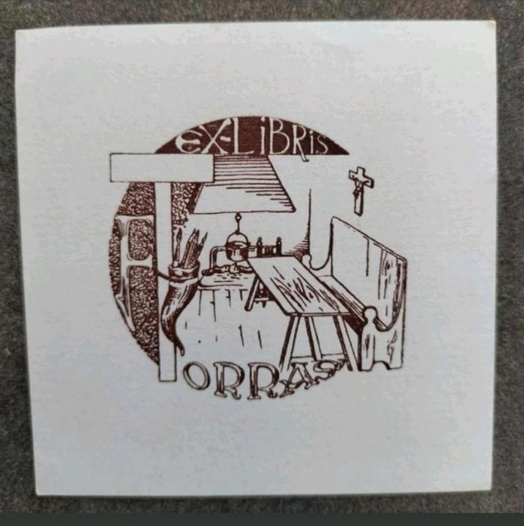 Exlibris Fr. Torras Spanje (kruisbeeld, haard, bank, tafel), Antiek en Kunst, Kunst | Etsen en Gravures, Ophalen of Verzenden