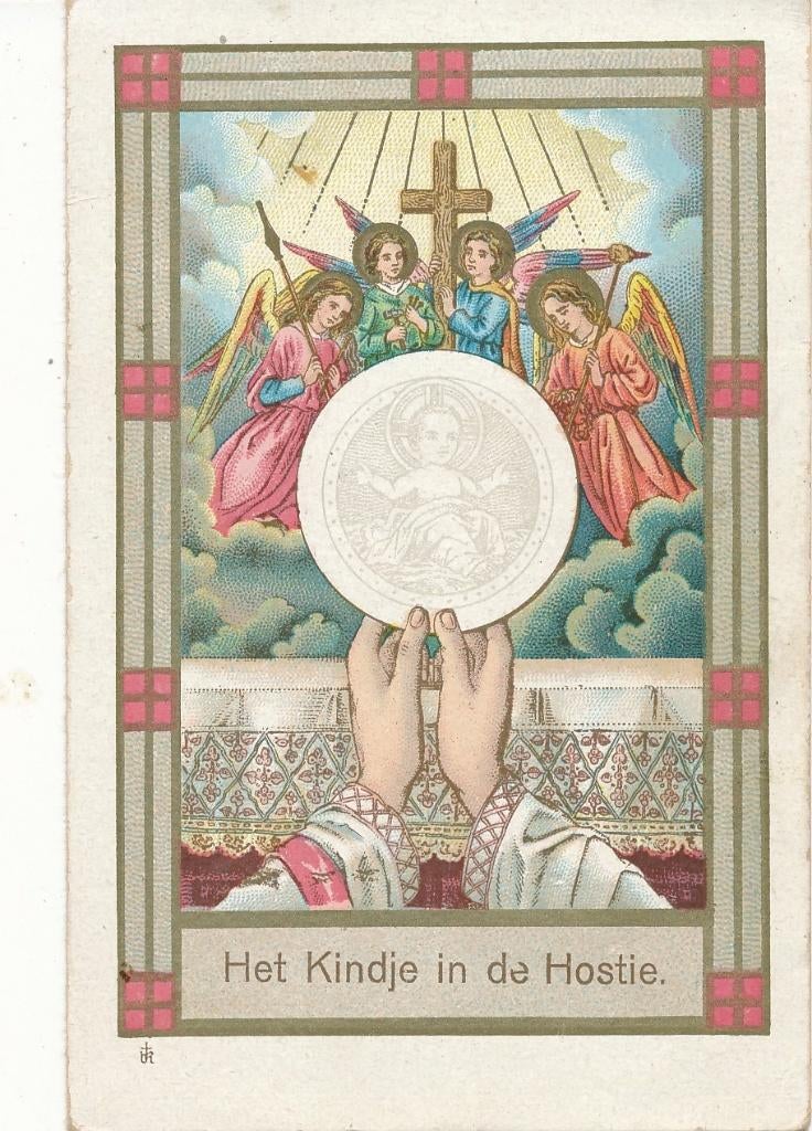 2 Verschillende devotieprentjes Kindje in de Hostie 1886, Verzamelen, Religie, Zo goed als nieuw, Christendom | Katholiek, Kaart of Prent