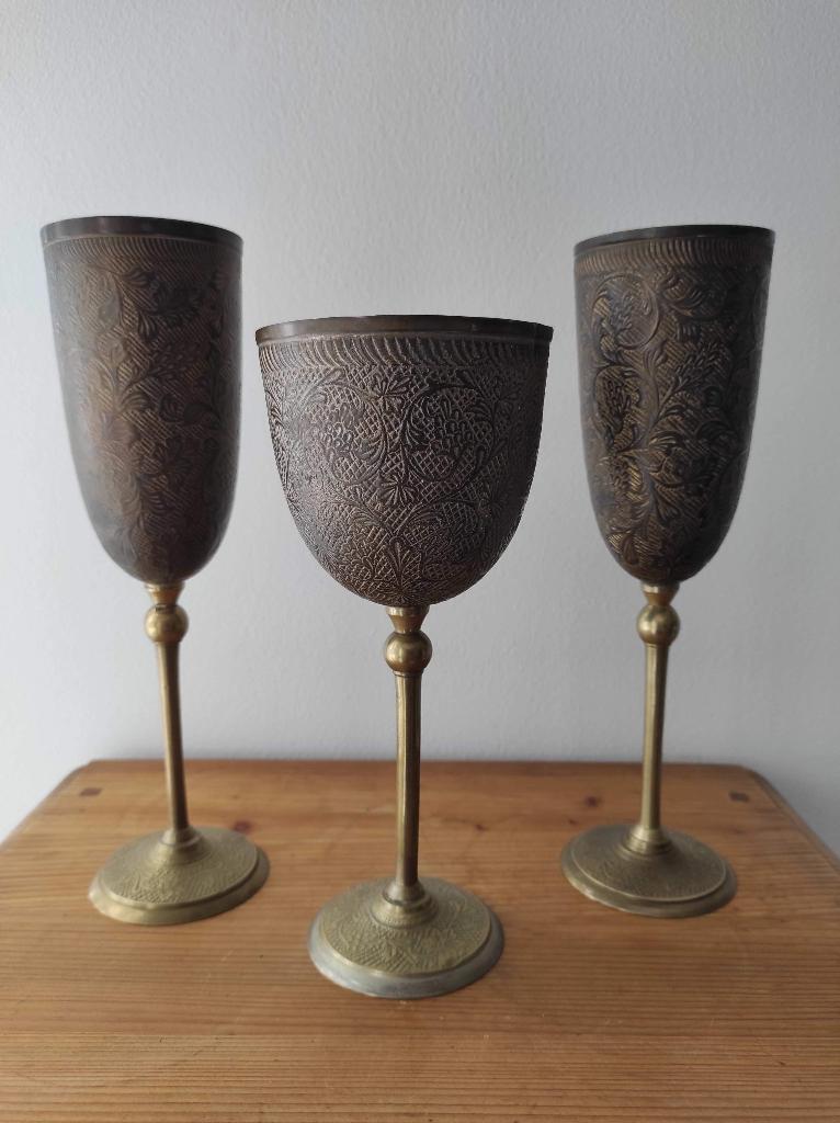 Indiase bruidsbekers set van 3 bronzen kelken, Ophalen of Verzenden, Brons