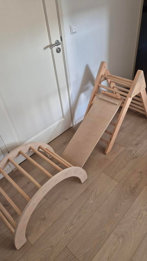 Houten klimboog, glijbaan en klimdriehoek set, Ophalen, Zo goed als nieuw, Klimwand