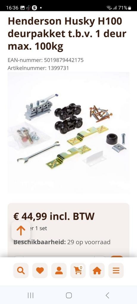 Henderson Husky H100 deurpakket voor 1 deur, max 100kg, Doe-het-zelf en Verbouw, Deuren en Horren, Ophalen of Verzenden, Nieuw