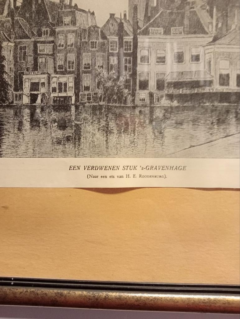 Ets 'Een verdwenen stuk 's-Gravenhage' naar H.E. Roodenburg, Ingelijst, Ets, Stadsgezicht, Ophalen of Verzenden