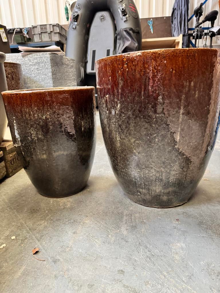 Bruin glazuur bloempot hoog model, Ophalen, 40 cm of meer, Rond, Nieuw