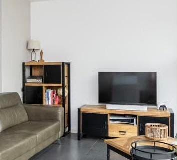 TV kast en vakkenkast van hardhout, Ophalen, 100 tot 150 cm, Industrieel, modern, Zo goed als nieuw