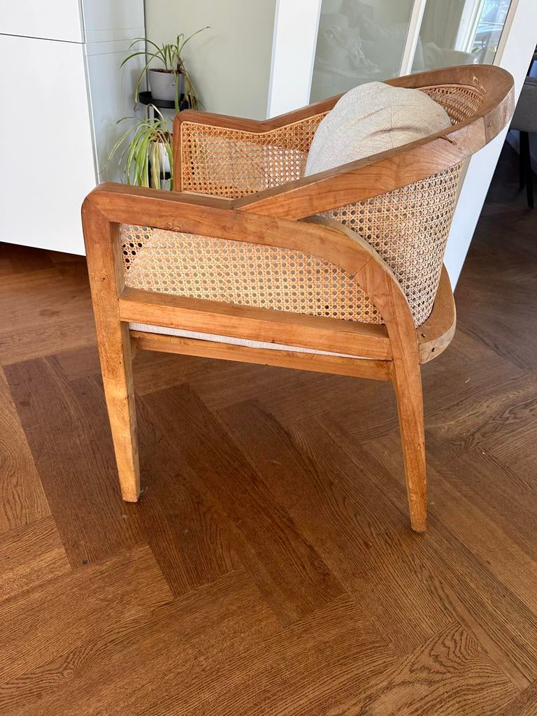 Houten stoel met webbing en kussen, Ophalen, Gebruikt, Bruin, Eén